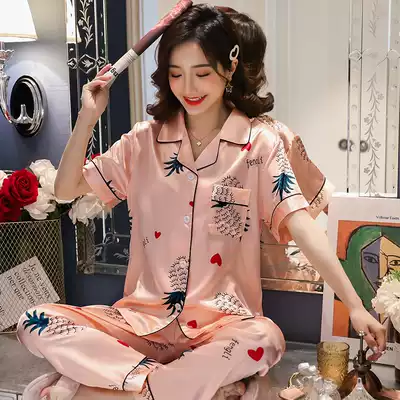 Korean counter pajamas female 2021 new solid color ice silk short sleeve sweet trousers thin sexy silk home wear
