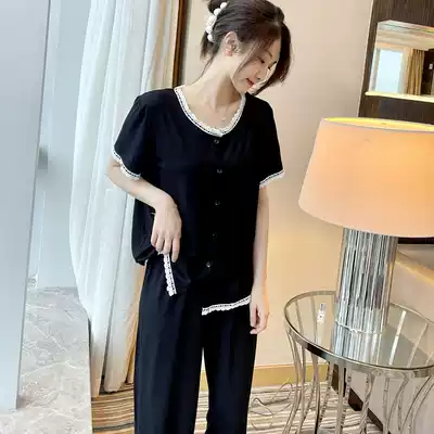 Korea Tide brand new lace embellishment basic black pajamas female summer modal thin short-sleeved home wear