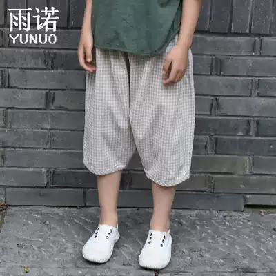 Cotton linen children's clothing summer boys and girls fine grid cotton Capri pants children thin loose plaid lob pants shorts