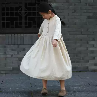 Spring and Autumn New children's clothing children's linen solid color long sleeve dress girl Korean cotton linen skirt