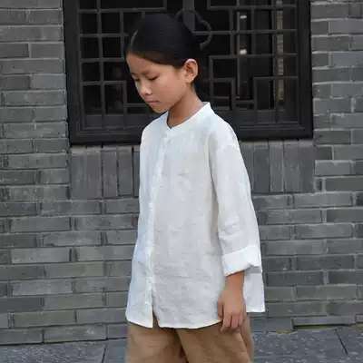 Original literary children's clothing girls spring and summer collar retro literary style linen top children's long sleeve white shirt