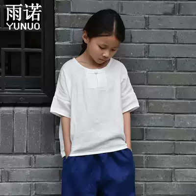 Cotton linen summer clothes new male and female children's T-shirt Chinese round neck literature and art fan buckle short sleeve cotton coat children's T-shirt
