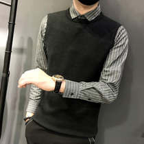 Autumn fitted new shirt collar sweater men sashimi striped shirt splicing fake two-piece sweatshirt casual undershirt