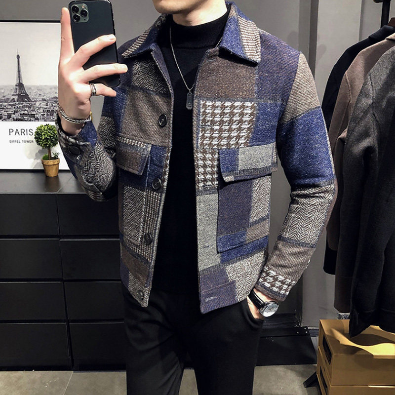 Single-breasted wool coat male Korean slim-fit short coat casual handsome contrast plaid jacket trend