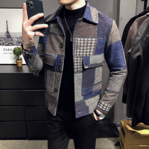 Single-breasted woolen jacket mens Korean slim-fit short woolen coat casual handsome contrast plaid jacket trend