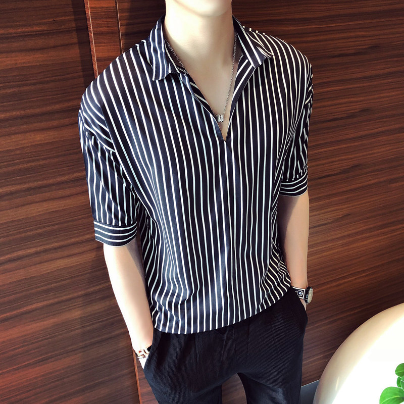 Summer short-sleeved shirt men's Korean version loose hair stylist five-point sleeve shirt trend youth V-neck striped inch shirt thin