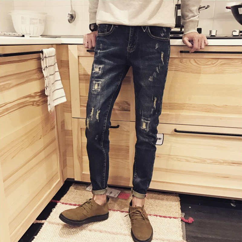 2021 spring and summer new jeans men's small feet slim trend youth ripped trousers Japanese retro dark pants