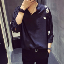 2021 summer 5-point sleeve shirt mens loose Chinese style embroidered shirt trend youth casual short-sleeved top