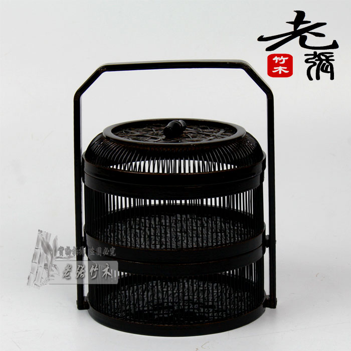 Retro Day Style Double Layer Tea Road Lift Basket Containing basket Bamboo Crocheting Box Fruit Basket Pastry Dish Decorated with small lifting basket