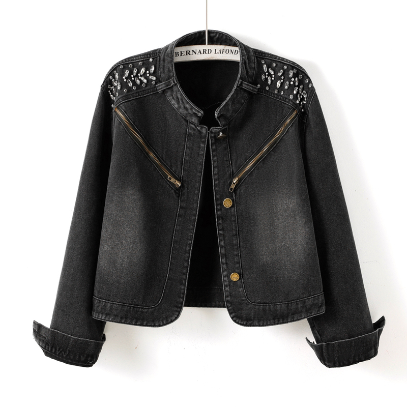 Heavy-Duty Rhinestone-Embellished Stand-Collar Denim Jacket for Women, Short Style, Loose Fit, Versatile Biker Jacket, Slimming Top for Petite Figures, Suitable for Spring and Autumn
