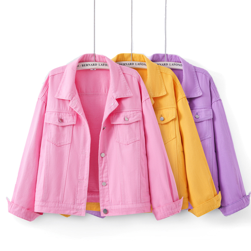 Colorful Versatile Denim Jacket for Women, Short Style, Spring and Autumn, Korean Style, Loose Casual Fit, Petite Size, with Inner Pockets, Outerwear Jacket