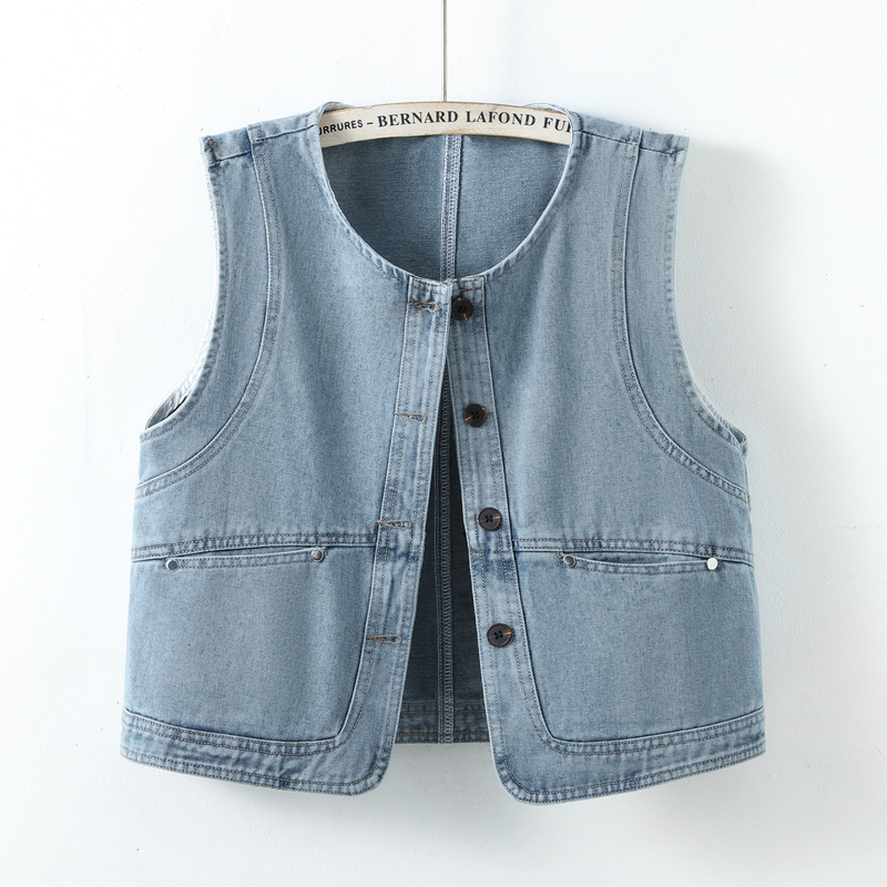 Vintage Round-Neck Denim Vest for Women, Short Style, Spring and Summer, Loose Casual Fit, Versatile Sleeveless Vest Top for Petite Figures Vintage Round-Neck Denim Vest for Women, Short Style, Spring and Summer, Loose Casual Fit, Versatile Sleeveless Vest Top for Petite Figures