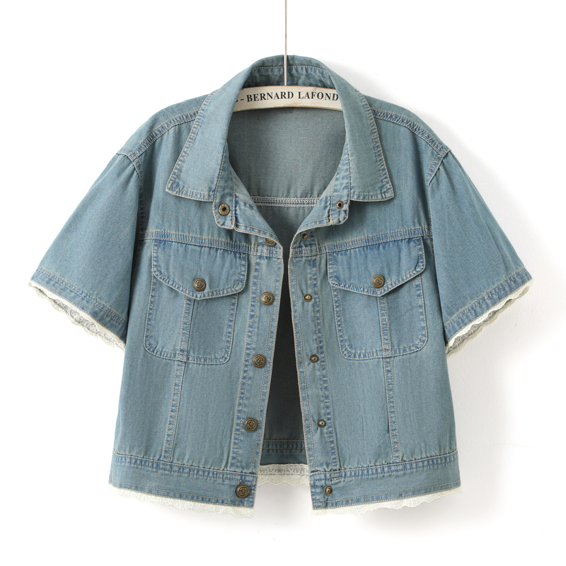 Korean Lace Trim Patchwork Denim Short Jacket for Women, Summer Thin Sweet Youthful Casual Short-Sleeve Cardigan Top Korean Lace Trim Patchwork Denim Short Jacket for Women, Summer Thin Sweet Youthful Casual Short-Sleeve Cardigan Top