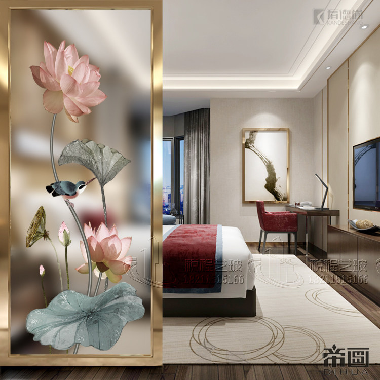 Modern Art Glass Partition Starter Genguan Living Room Decoration Screen Double Face Frosted Light Transmission Process Steel Lotus Flowers