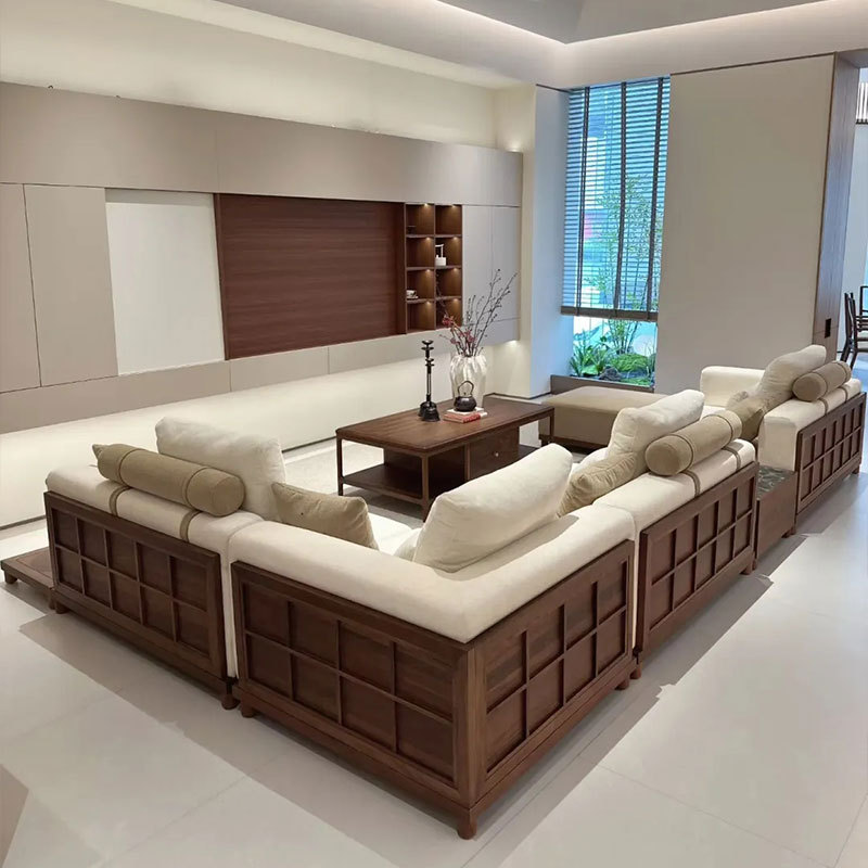 Song-Style Aesthetic Walnut Corner Sofa, Large-Sized Living Room High-End L-Shaped Fabric Sofa, Leisure Solid Wood Furniture Song-Style Aesthetic Walnut Corner Sofa, Large-Sized Living Room High-End L-Shaped Fabric Sofa, Leisure Solid Wood Furniture