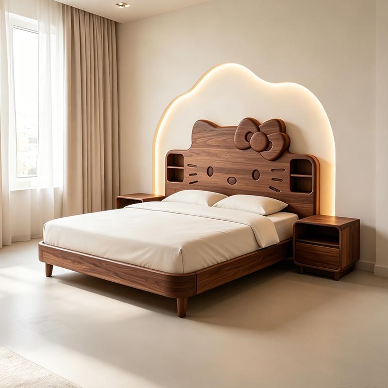 New Chinese-Style Solid Wood Bed 1.8m Cartoon-Shaped Storage Headboard Double Bed Simple Children's Room Walnut Furniture New Chinese-Style Solid Wood Bed 1.8m Cartoon-Shaped Storage Headboard Double Bed Simple Children's Room Walnut Furniture