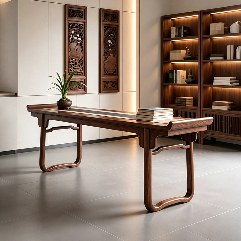 New Chinese-Style Black Walnut Wood Desk for Study Room, High-End Solid Wood Writing and Calligraphy Table, Zen-Inspired Minimalist Long Table