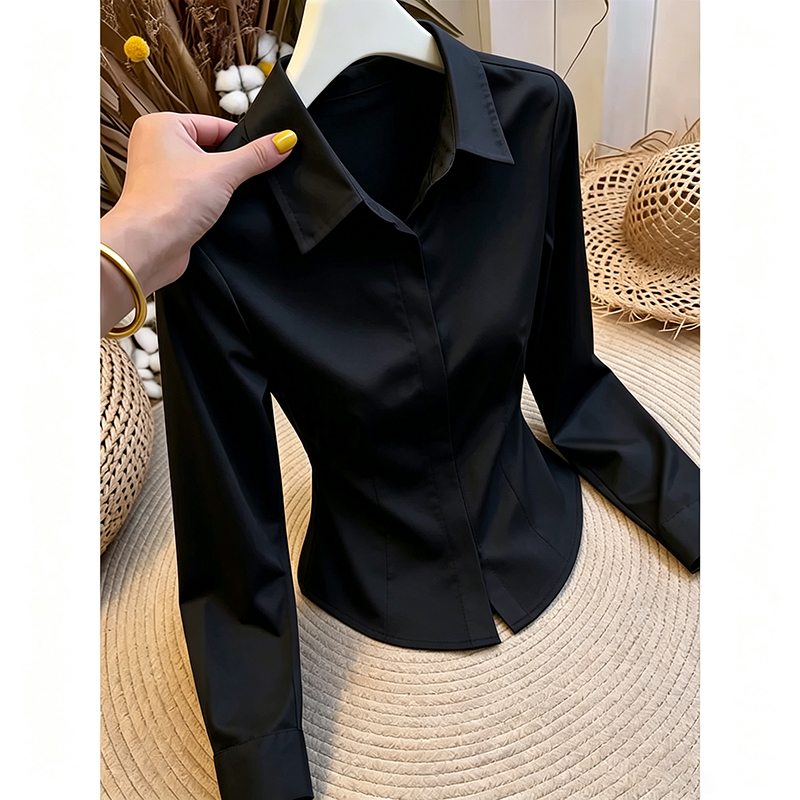 All-Season Versatile French-Style Black Collared Long-Sleeve Shirt for Women, Waist-Cinching, Slimming, Wrinkle-Resistant, Drapey, Skin-Friendly Blouse All-Season Versatile French-Style Black Collared Long-Sleeve Shirt for Women, Waist-Cinching, Slimming, Wrinkle-Resistant, Drapey, Skin-Friendly Blouse