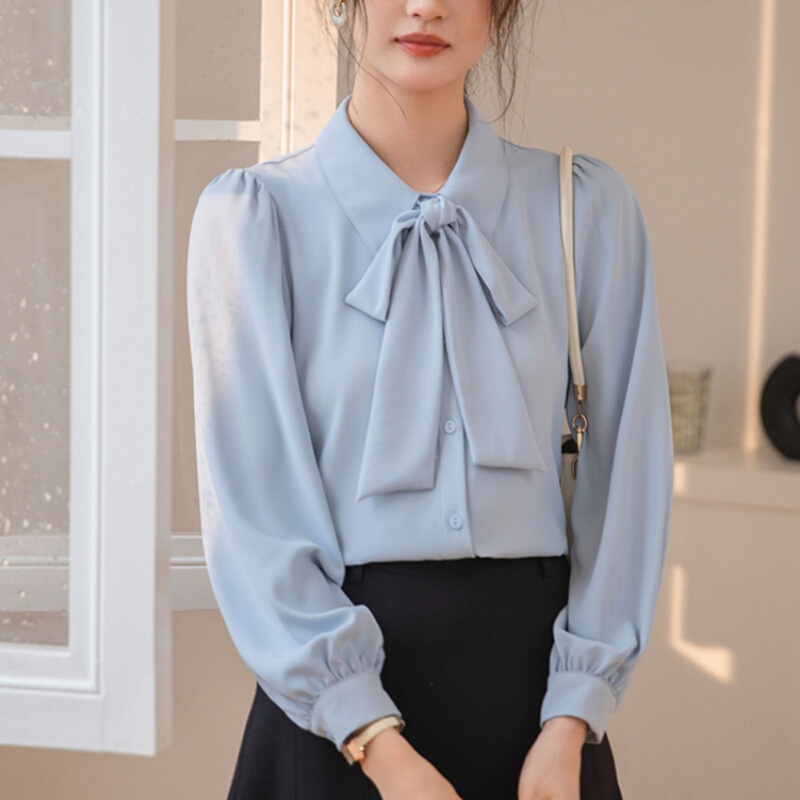 Elegant and Sophisticated Slimming Top 2026 Bow Tie Blue Shirt Women's Long-Sleeved Spring and Autumn Shirt Elegant and Sophisticated Slimming Top 2026 Bow Tie Blue Shirt Women's Long-Sleeved Spring and Autumn Shirt