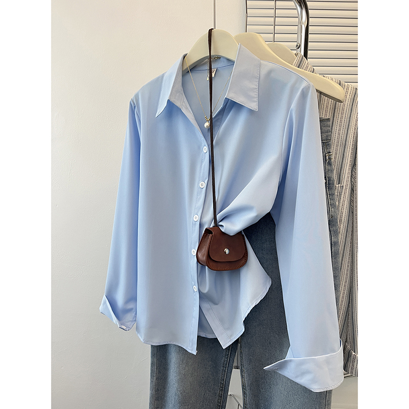 Blue Long-Sleeved Shirt for Women, New Spring and Autumn Style, French High-End, Suitable for Commuting, Easy to Care For, Wrinkle-Resistant, Outerwear, Petite Shirt