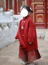 New Chinese style girls 2023 autumn and winter new New Year red woolen coat girls national style thickened woolen coat