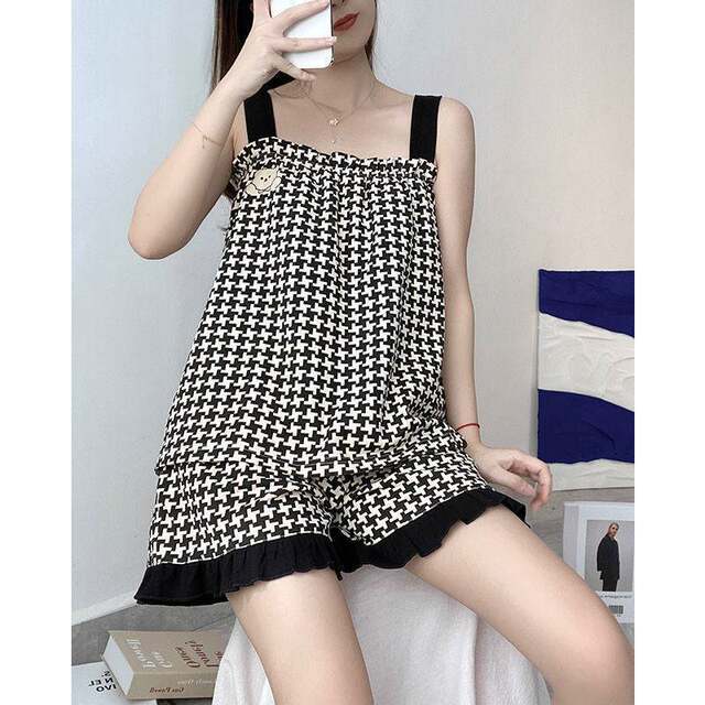 Houndstooth Summer Sweet Pajamas Women's Suspender 2024 Summer New Sleeveless Vest Can be Weared Outside Home Clothing Set