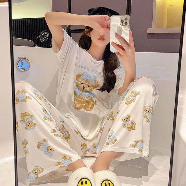 Bear girl summer high-end cotton cute short-sleeved trousers high-end internet celebrity suit 2024 new style