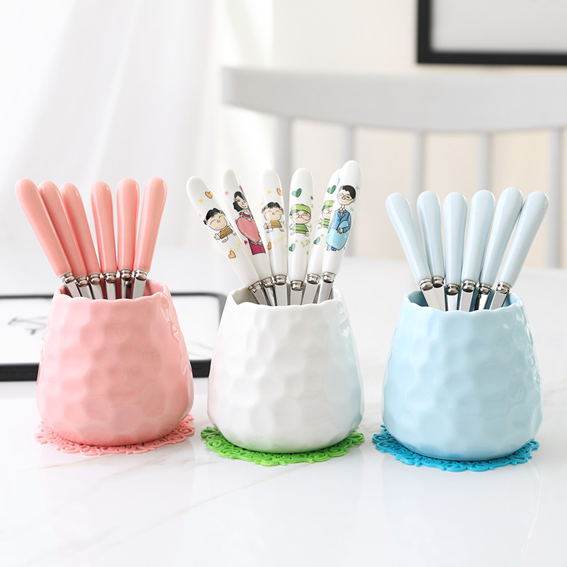 Korean cute cartoon ceramic stainless steel fruit fork spoon set children's dessert fork moon cake sign a family of four
