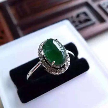 18K diamond inlaid ice blue water cabochon women's ring jewelry genuine Myanmar natural A-grade jadeite