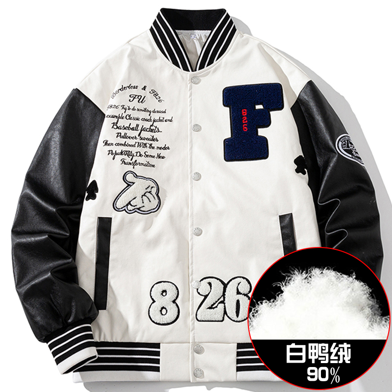 Autumn Winter Down Baseball Suit Jacket Man Loose Thickened Couple Tide Card Jacket Leather Coat Standout Collar Tooling American