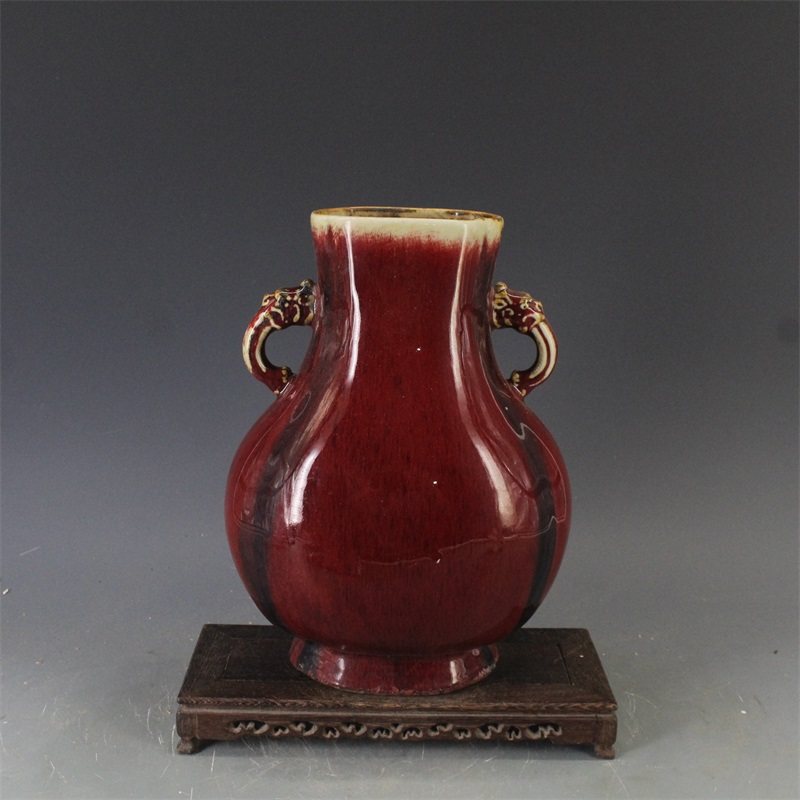 雍正红釉双耳扁瓶景德镇窑变釉瓷收藏品包老保真古董瓷器