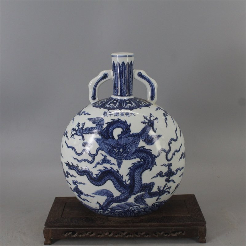 中国古玩 青花磁 元染 染付 雲龍紋 壺 花瓶 高約21cm 唐物 時代物 置物