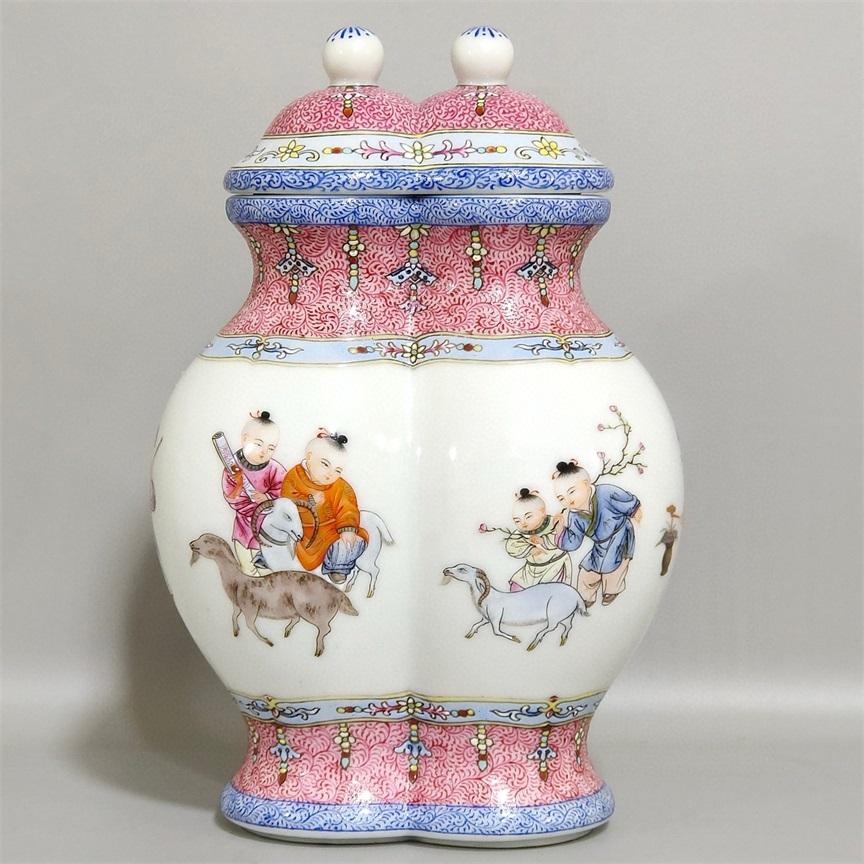 中国古美術/清清代時代珐瑯彩嬰戲紋雙聯蓋瓶/景德鎮製。 y508 【公式通販】