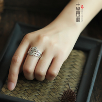 Designers section S925 pure silver Thai silver style retro made of old hollowed-out pattern wide version opening ring ring