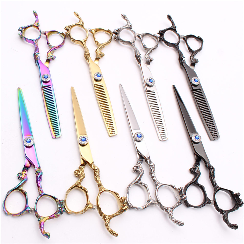Customized personalized dragon handle hand-shaped haircut scissors 6 inch color flat scissors gold teeth scissors black hairdressing scissors bangs thinning tool