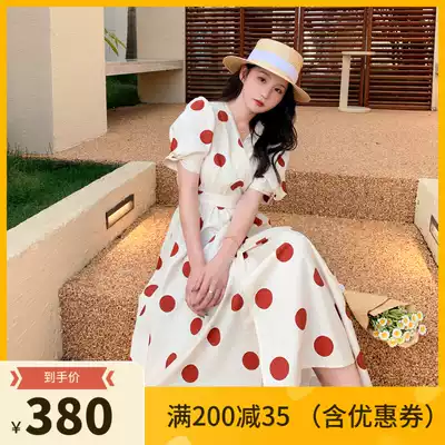 Bubble sleeve wave dot dress women 2021 summer new one piece French sweet Korean waist slim long skirt women