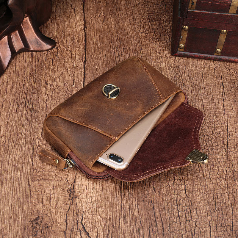 Mobile Phone Bag Men's Hanging Belt Mobile Phone Protective Case Leather Waist Bag Men's Horizontal Style Older People Wearing Belt Crazy Horse Leather