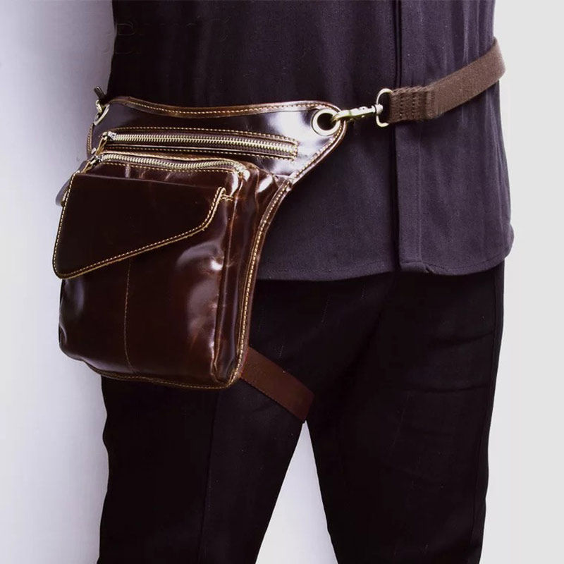 Men's Leather Waist Bag Retro Harley Rider Motorcycle Bag Waist and Leg Bag Multifunctional First Layer Cowhide Riding Crazy Horse Leather