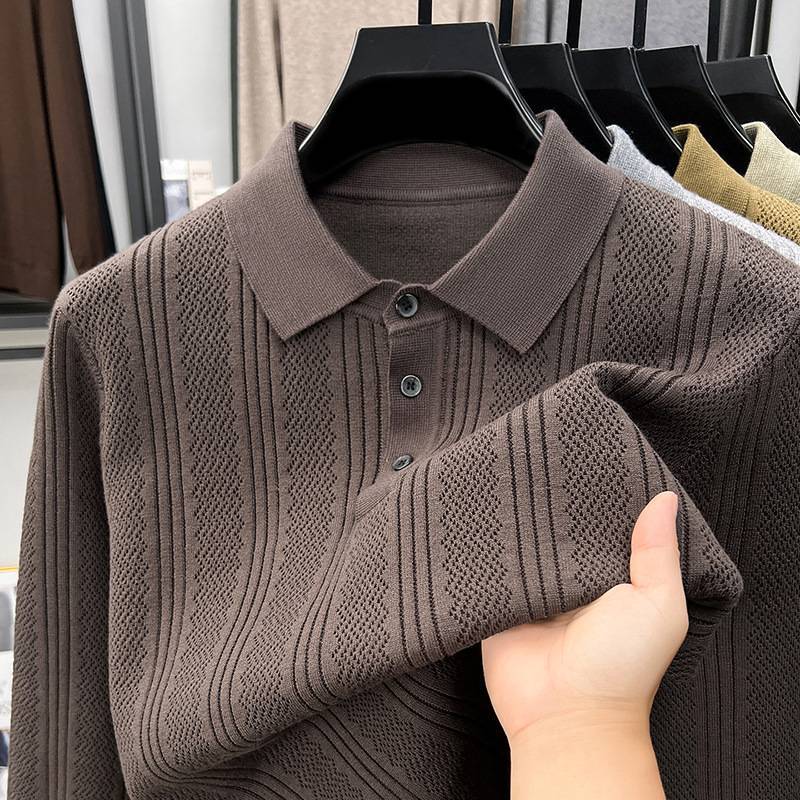 Men's Sweater Business Casual Knit Polo Middle-Aged Fashion Autumn and Winter Thin Base Layer Knitwear Breathable Knit Shirt