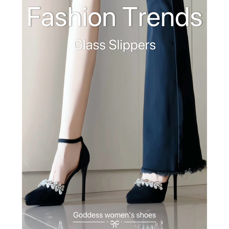 Nude Waterproof Platform High Heels for Women 2026 New Style 10cm Suede Etiquette Chunky Heel Pointed Toe Rhinestone Strap Sandals