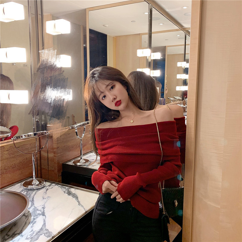 Jersey Yang dress in a thin and thin shoulder red sweater in 2021 new skirt