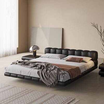 Italian-style top layer cowhide genuine leather bed, simple and modern cream puff floating bed, master bed, high-end top layer beech wood frame