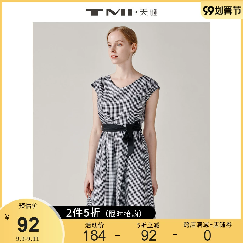 Sản phẩm mới mùa hè của TMi Tian Mi dành cho phụ nữ Đầm dài tay kẻ sọc ngắn tay cổ chữ V thắt nơ nữ 192131 - Sản phẩm HOT
