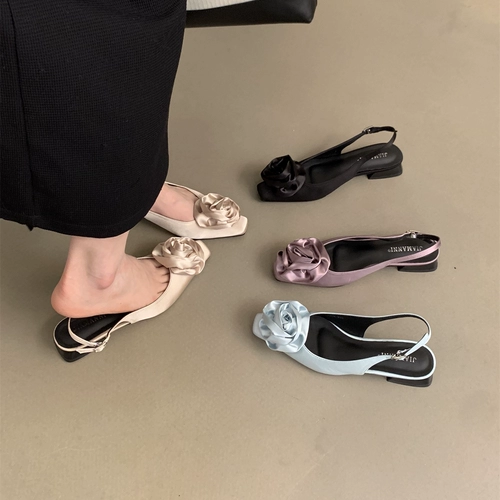 Женские цветы густые каблуки одиночные туфли 2024 Новые французские ночные ночные сказочные сандалии сандалии Baotou