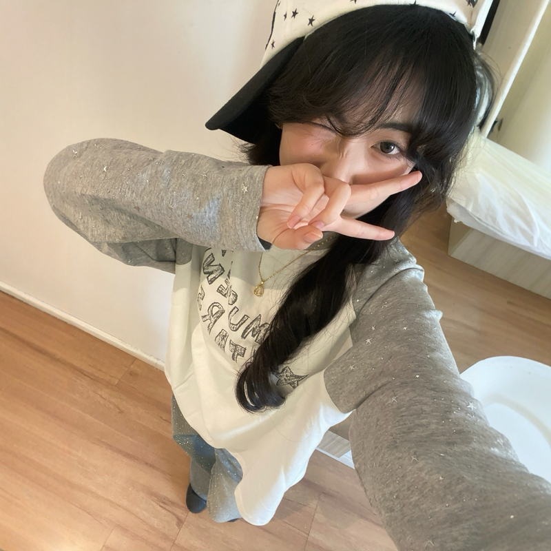 American Retro Star Sequin Design Color-Block Raglan Long-Sleeve T-Shirt for Women, Unique Casual Base Shirt Top, Trendy