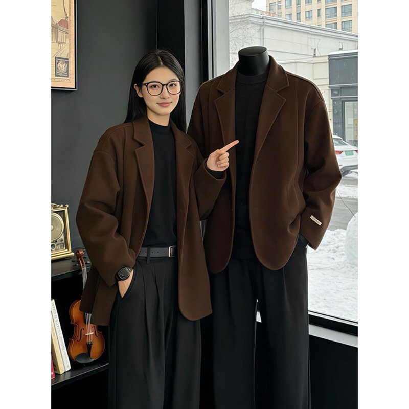 Dark Brown Korean-Style Woolen Coat Jacket for Men, Winter Short Thickened Melard British-Style Woolen Blazer