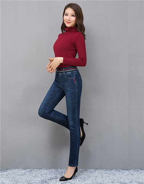 Mẹ 40 tuổi cộng với quần jean nhung nữ cạp cao cạp quần 50 tuổi trung niên co giãn eo mùa thu và mùa đông dày phần thon dài quần short rách