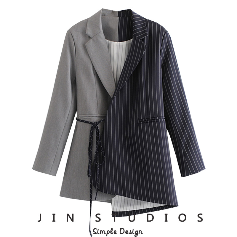 JIN Homemade 2022 Spring Asymmetrical Parquet Color Stripe Design Sense Lacing Suit Slim 100 Lap Irregular Coat