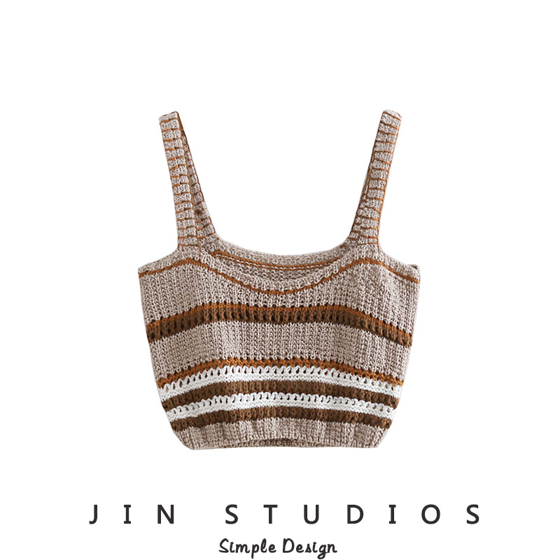 JIN Homemade 22 Summer Design Sensation Knit Hollowed-out Striated Color Sleeveless Vest With Slim 100 Lap Outside Wearing Vest Blouse