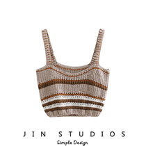 JIN homemade 19 summer design sense knitted hollow striped striped color halter top shirt